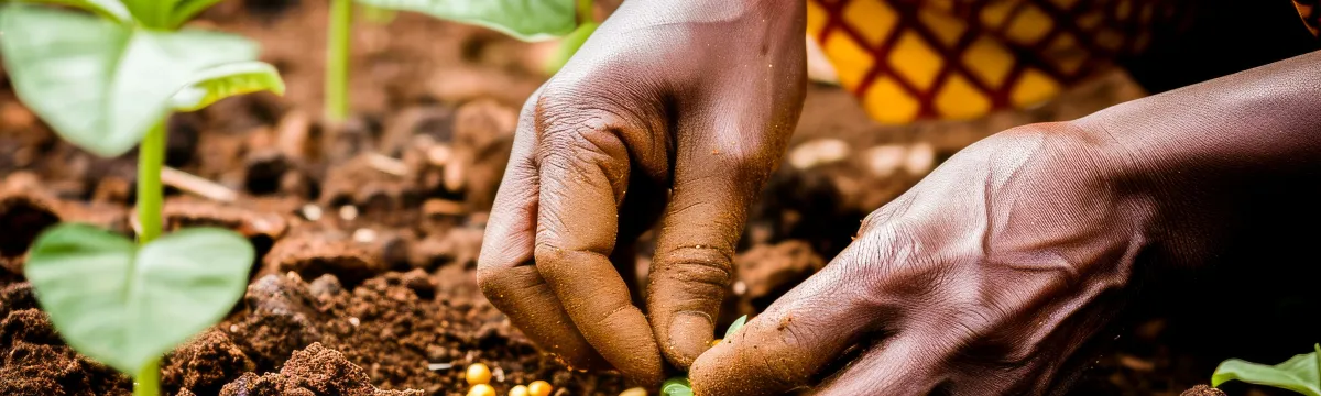 Close-up of hands planting seeds in fertile soil, representing agriculture, growth, and sustainable farming practices