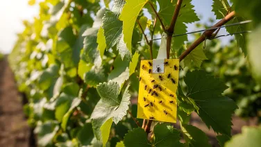 Yellow Sticky Trap with Captured Insects in a Vineyard for Agricultural Pest Monitoring